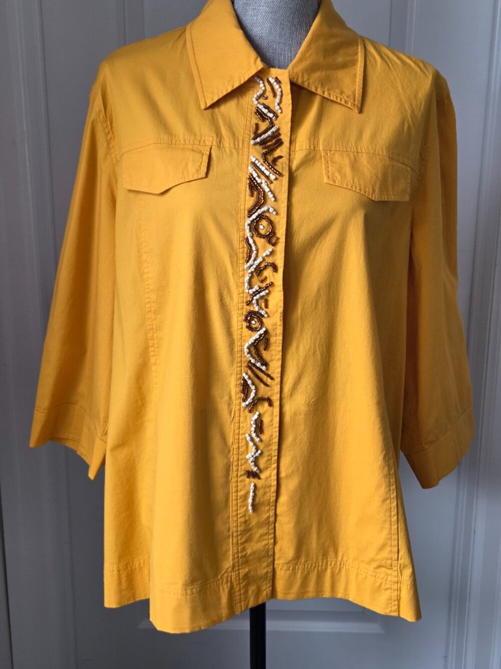 Elena Miro cotton yellow beaded 3 quarter sleeve blouse fall size 14